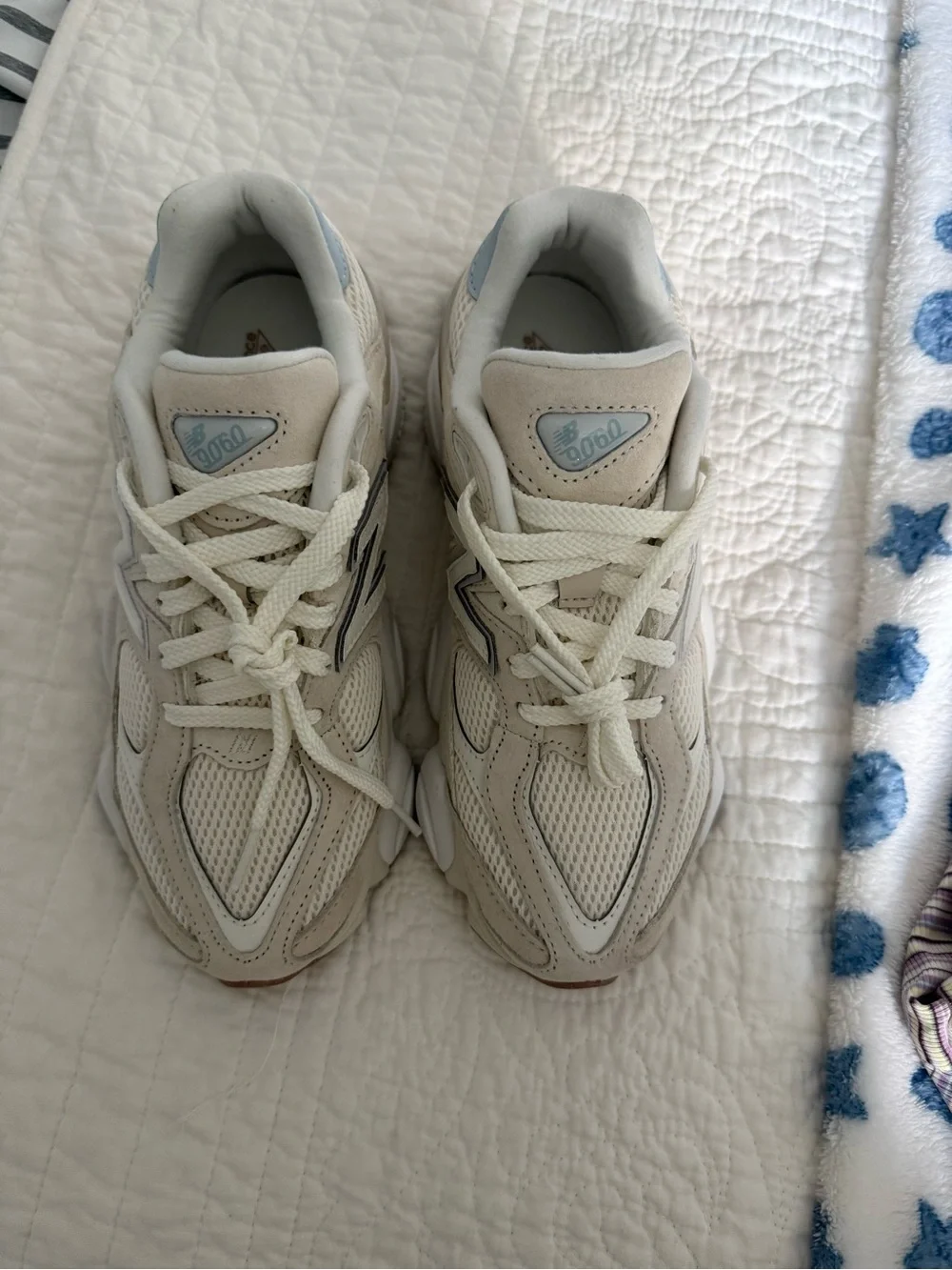 New Balance 9060 Beige Sneakers with Light Blue Accents